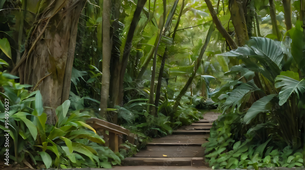 a wooden path that leads to a lush green forest a wooden path that leads to a lush green forest