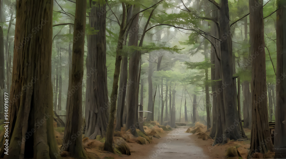 Obraz premium a path through a forest with trees and rocks