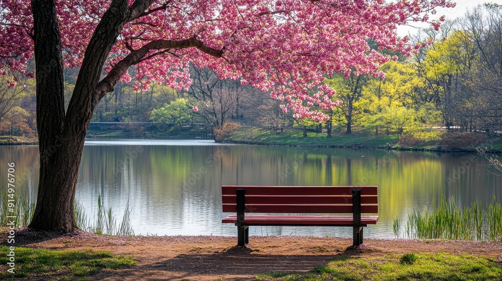 Obraz premium A quiet park with blooming cherry blossoms, a wooden bench, and a pond