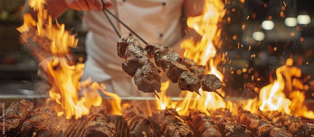Grilled Meat Skewers with Flames Grilled Meat Skewers with Flames