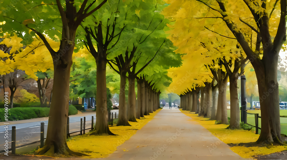 Naklejka premium trees lining a sidewalk with yellow leaves on the ground