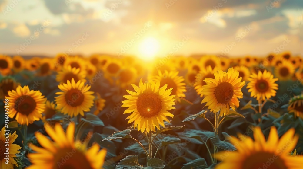 Obraz premium Golden Sunset Over a Sunflower Field