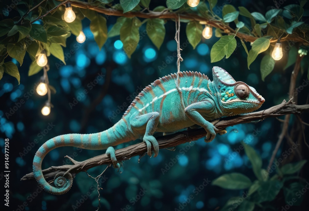 Fototapeta premium A chameleon hanging from a leafy vine in an enchanted forest, illuminated by soft, glowing fairy lights, showcasing its iridescent scales shifting from blue to green., high , ai