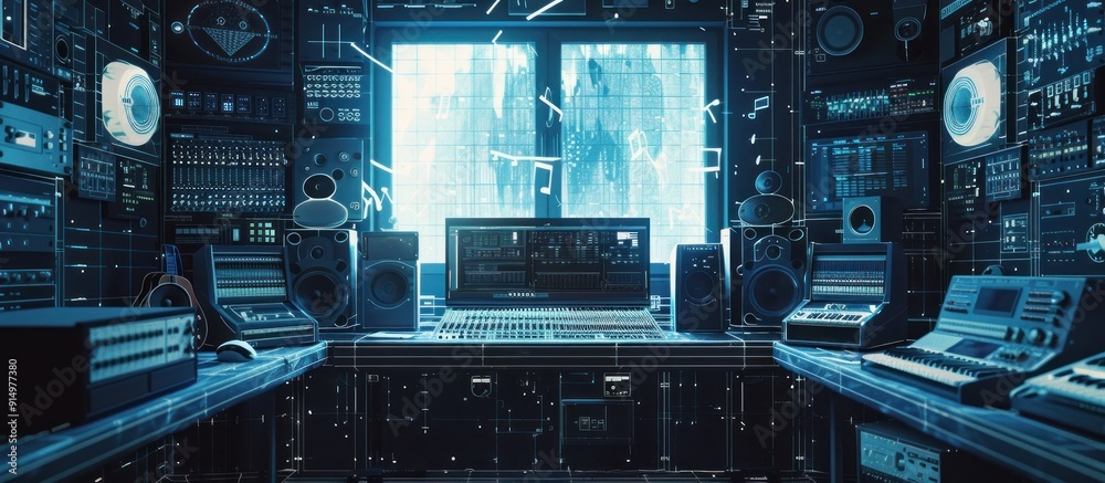 Fototapeta premium Modern Music Studio with Blue Lighting and Technology