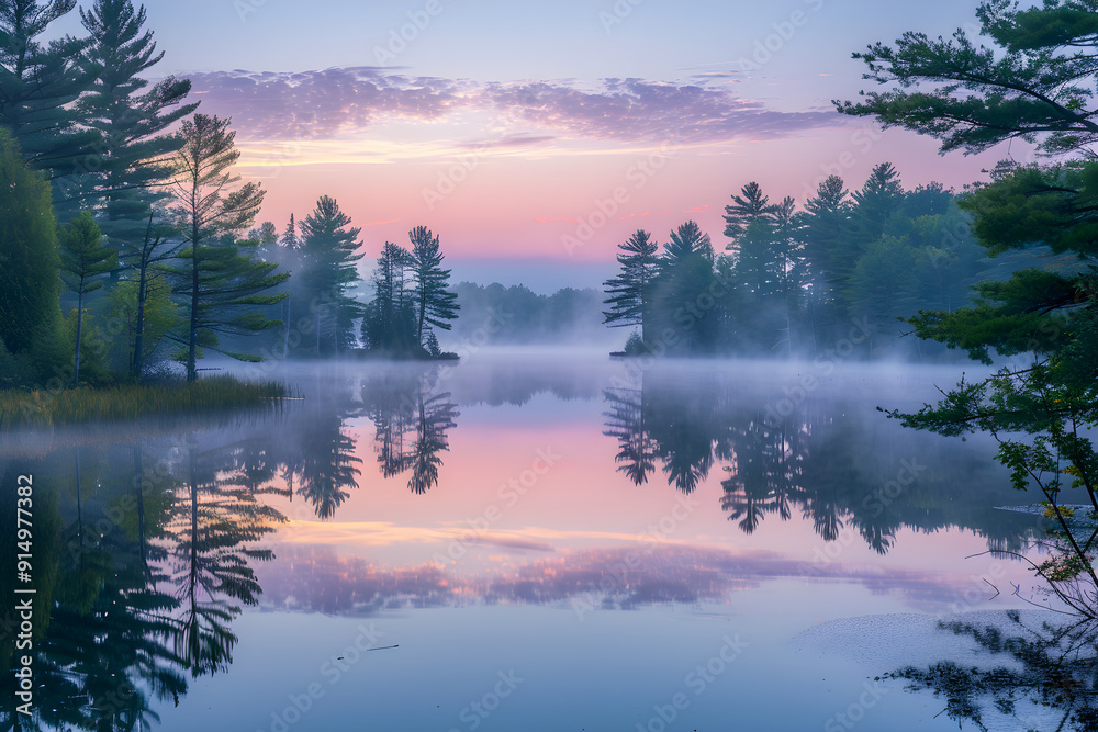 Fototapeta premium Peaceful Lakeside Dawn with Misty Reflection and Serene Atmosphere