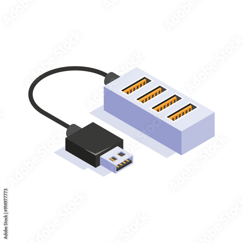 Multiple USB ports for connecting devices simultaneously, isometric icon of usb hub