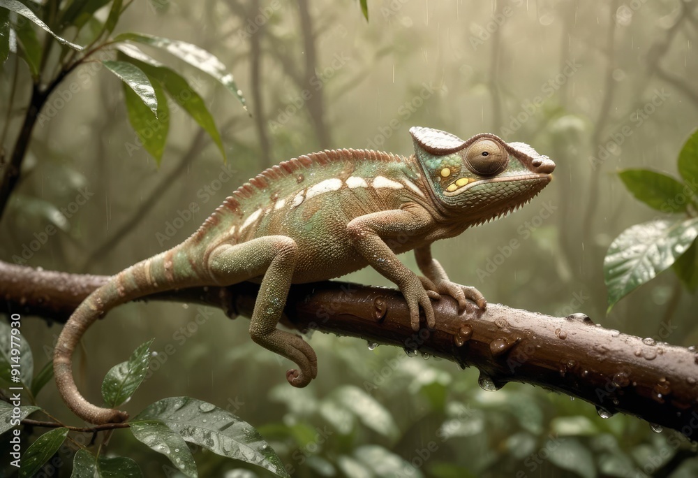 A chameleon on a branch in a rain-soaked jungle, droplets of water glistening on its vibrant skin, surrounded by dense, dripping greenery and mist., high detail, vintage sepia, ai A chameleon on a branch in a rain-soaked jungle, droplets of water glistening on its vibrant skin, surrounded by dense, dripping greenery and mist., high detail, vintage sepia, ai
