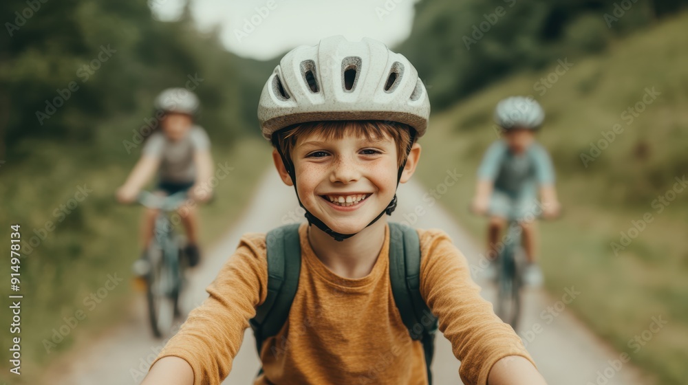 Happy Child Riding Bicycle on a Nature Trail with Friends in the Background, Wearing Helmets and Backpacks, Enjoying Outdoor Adventure and Exercise on a Sunny Day Happy Child Riding Bicycle on a Nature Trail with Friends in the Background, Wearing Helmets and Backpacks, Enjoying Outdoor Adventure and Exercise on a Sunny Day