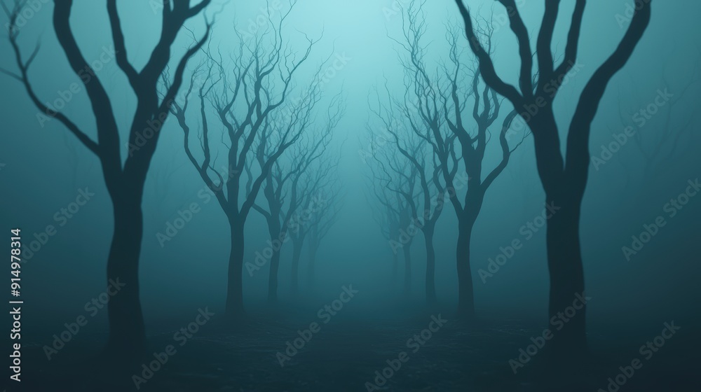 Obraz premium Eerie Foggy Forest with Bare Trees in Misty Atmosphere, Spooky and Mysterious Landscape, Dark and Haunting Woodland Scene, Perfect for Halloween or Horror Themes