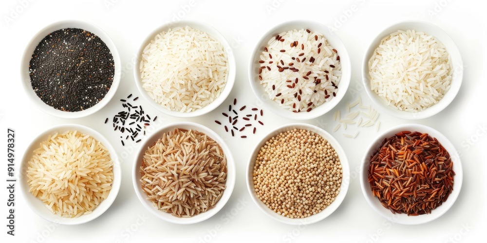 Assorted grains and rice varieties in white bowls on a white background.