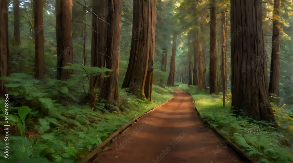 Fototapeta premium a path in the woods with a bench on the side