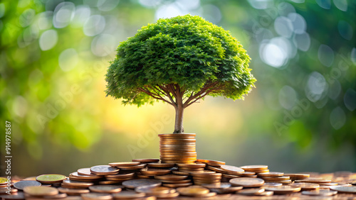 A tree with leaves made of coins, depicting the idea of money growing over time, like a tree. The tree can be placed in a serene, natural environment to emphasize long-term growth and stability. photo