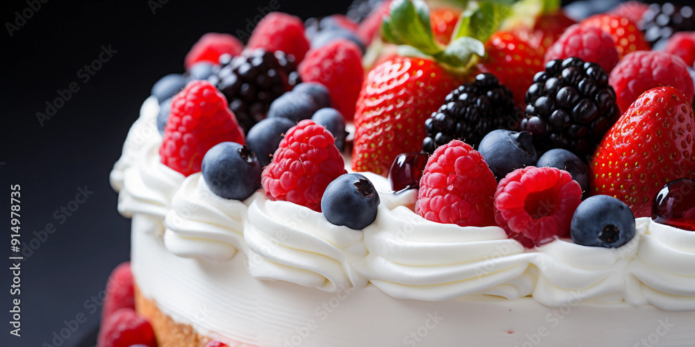 White Cake with Red and White Berries and Whipped Cream