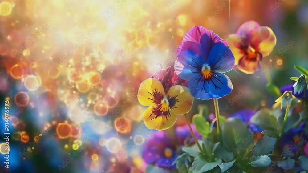 Colorful pansies blooming in the sunlight with a bokeh background. Colorful pansies blooming in the sunlight with a bokeh background.