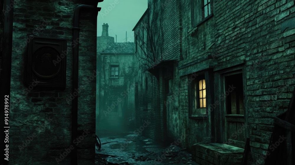 Gloomy, abandoned street with eerie glowing windows