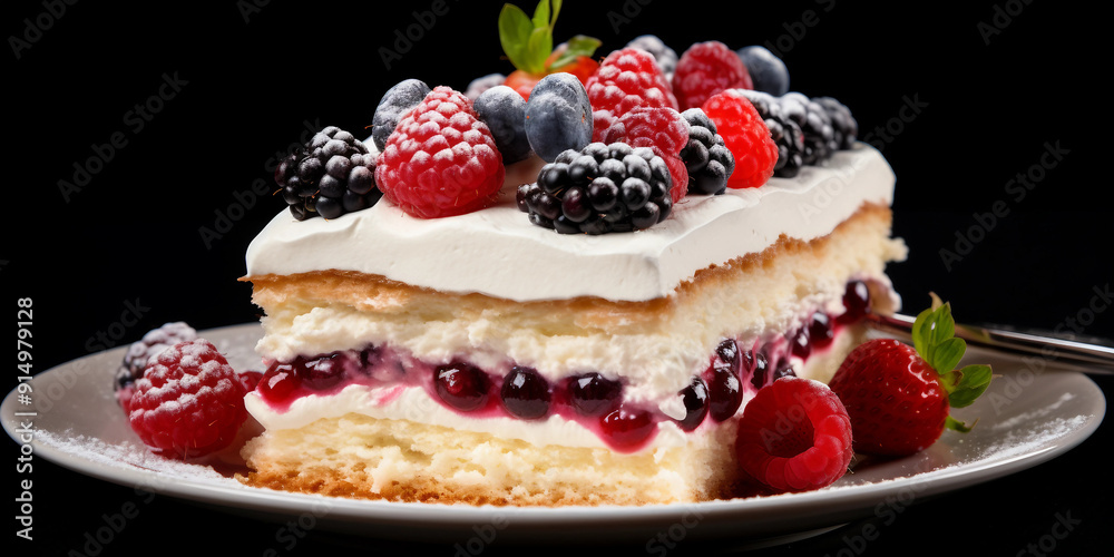 White Cake with Red and White Berries and Whipped Cream White Cake with Red and White Berries and Whipped Cream
