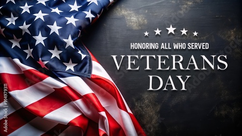 American Flag on Black Background with Veterans Day Text.