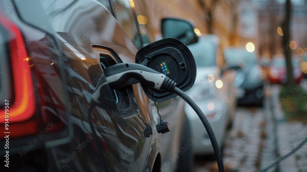 Electric Vehicle Charging on City Street at Twilight Electric Vehicle Charging on City Street at Twilight