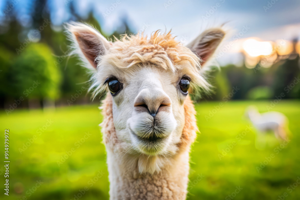 Fototapeta premium Adorable Alpaca Portrait with Curious Expression.