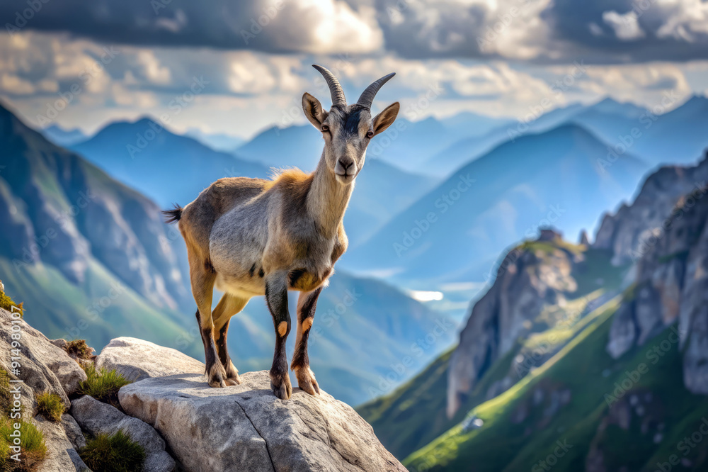 Mountain Goat Standing on a Rock with Mountain View. Mountain Goat Standing on a Rock with Mountain View.