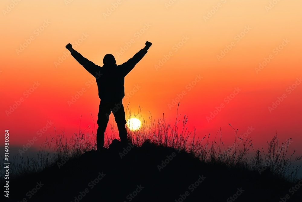 Triumph at Sunrise - Silhouette of Person Celebrating Victory with Arms Raised Against Colorful Gradient Sky Background Triumph at Sunrise - Silhouette of Person Celebrating Victory with Arms Raised Against Colorful Gradient Sky Background