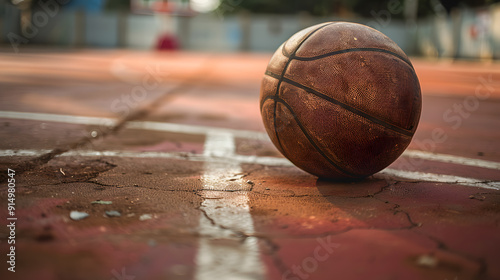 A basketball on the ground in front of a basketball hoop