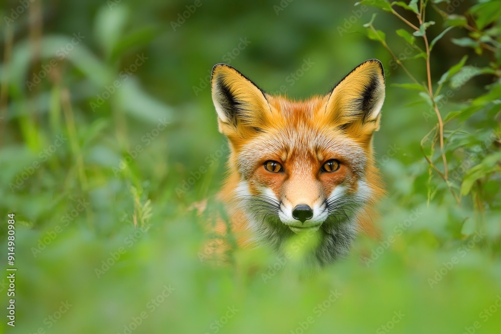 Red Fox hunting, Vulpes vulpes, wildlife scene from Europe. Orange fur coat animal in the nature habitat. Fox on the green forest meadow, ai Red Fox hunting, Vulpes vulpes, wildlife scene from Europe. Orange fur coat animal in the nature habitat. Fox on the green forest meadow, ai