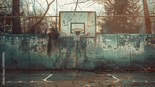 A basketball court with a rusty hoop and a fence in the background