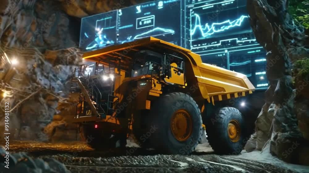 Large yellow mining truck in a mine with digital displays.
