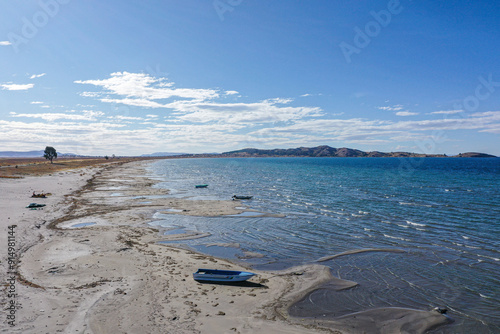 Panoramic view of beaches and lake bay at sunset photo