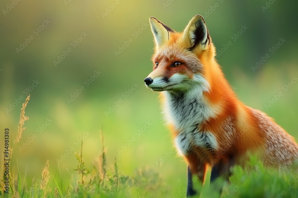 Obraz premium Red Fox hunting, Vulpes vulpes, wildlife scene from Europe. Orange fur coat animal in the nature habitat. Fox on the green forest meadow, ai