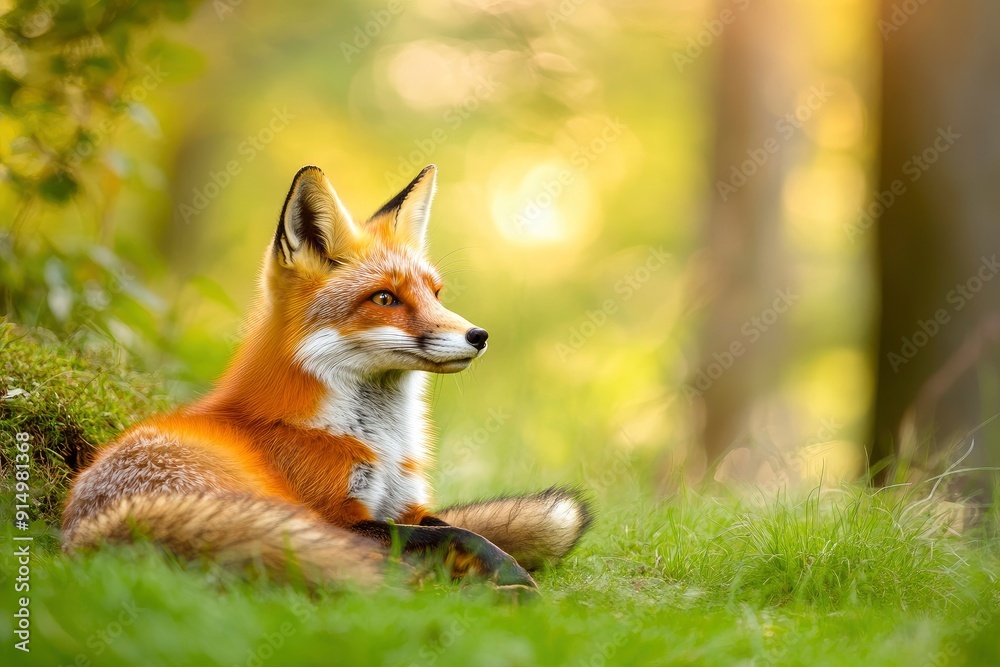 Fototapeta premium Red Fox hunting, Vulpes vulpes, wildlife scene from Europe. Orange fur coat animal in the nature habitat. Fox on the green forest meadow, ai