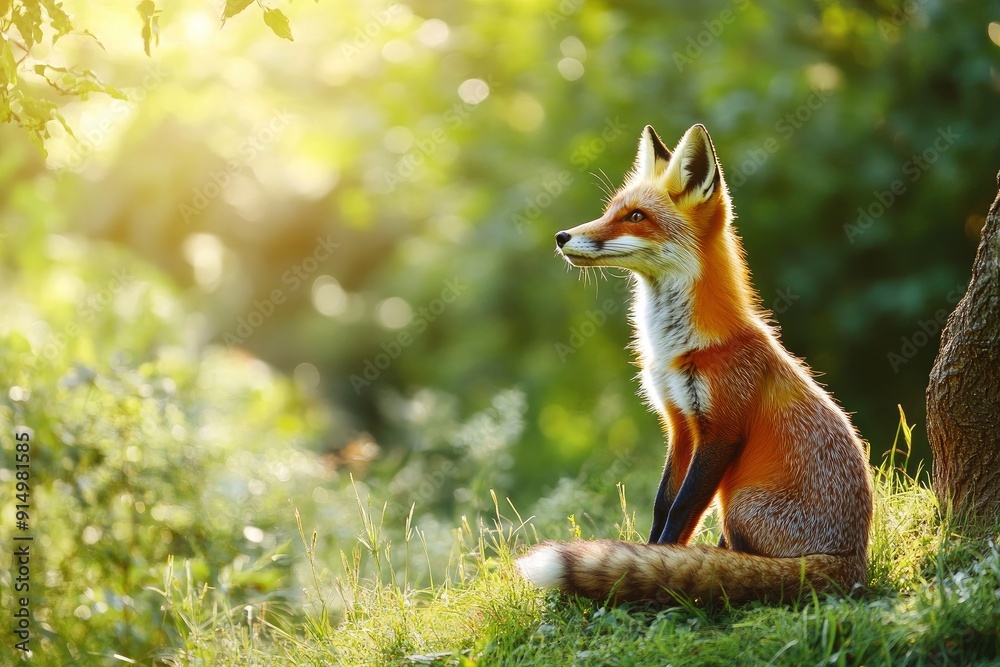 Obraz premium Red Fox hunting, Vulpes vulpes, wildlife scene from Europe. Orange fur coat animal in the nature habitat. Fox on the green forest meadow, ai