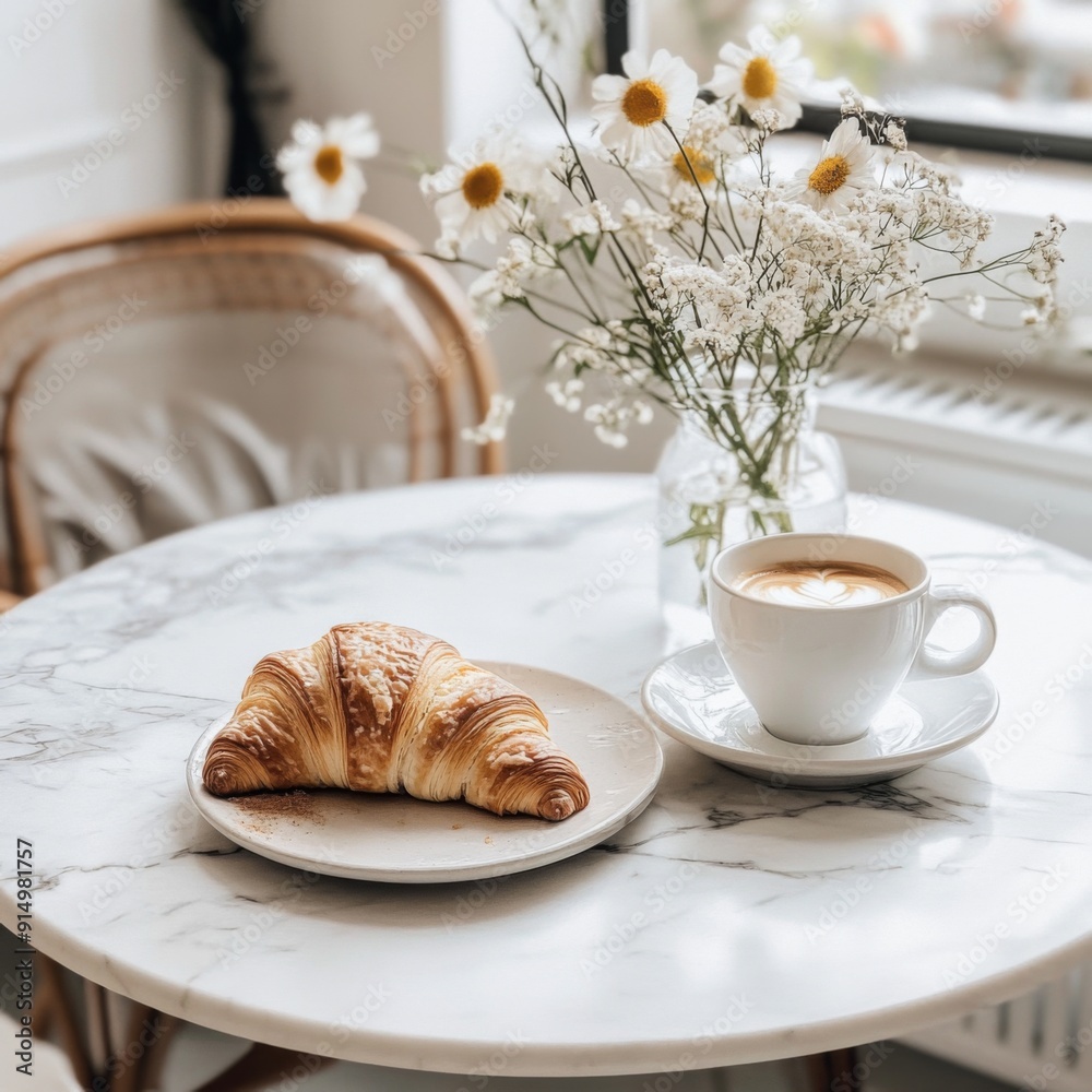 Cozy Breakfast Setup with Croissants and Coffee on a Marble Table: Soft Morning Light and Fresh Flowers Create a Warm and Inviting Ambiance Cozy Breakfast Setup with Croissants and Coffee on a Marble Table: Soft Morning Light and Fresh Flowers Create a Warm and Inviting Ambiance