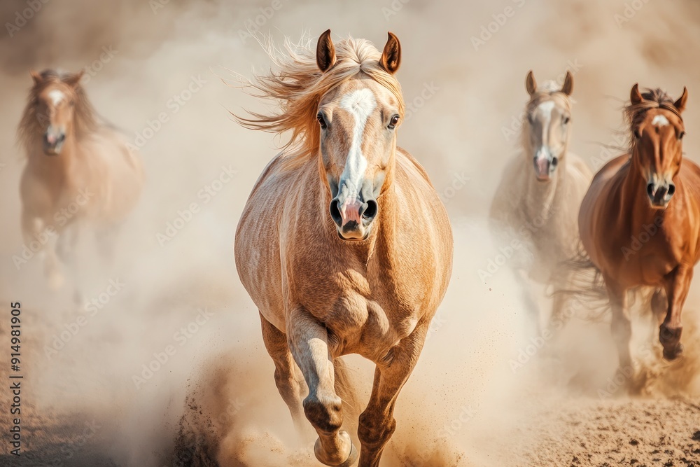 Horses with long mane portrait run gallop in desert dust, ai