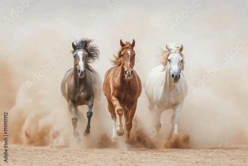 Horses with long mane portrait run gallop in desert dust, ai