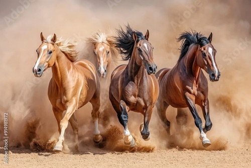 Horses with long mane portrait run gallop in desert dust, ai