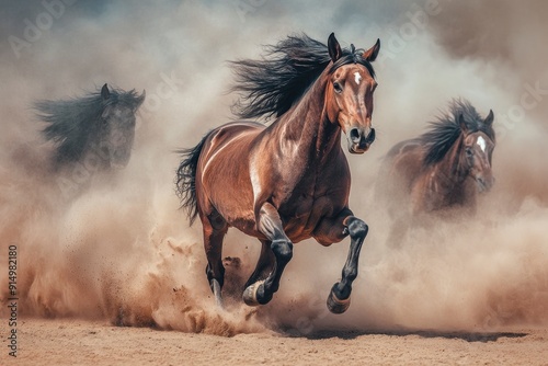 Horses with long mane portrait run gallop in desert dust, ai
