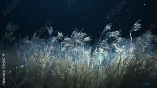 Tall grass illuminated by moonlight against a dark sky.