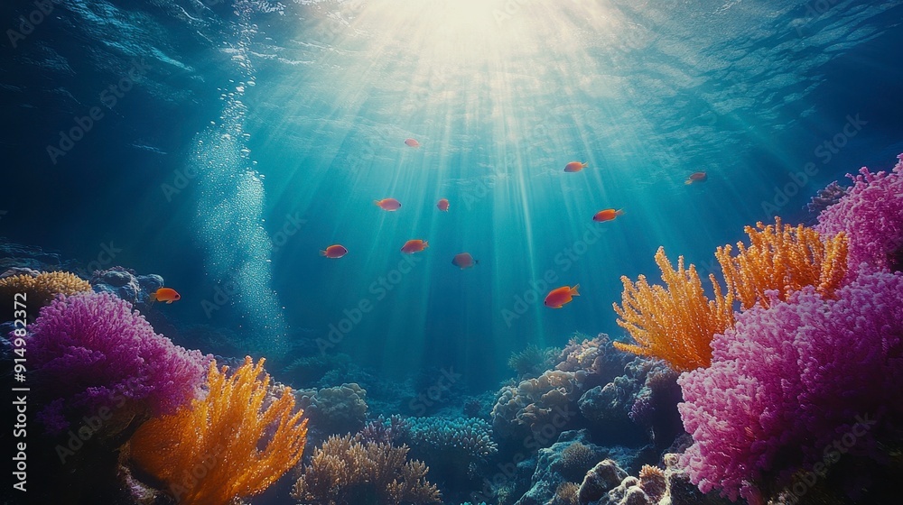 Fototapeta premium A vibrant underwater scene with coral reefs, fish, and sunlight filtering down