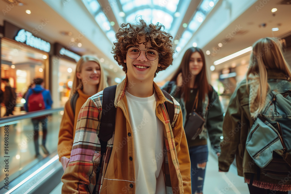 Happy teen friends in shopping mall. Generative AI Happy teen friends in shopping mall. Generative AI