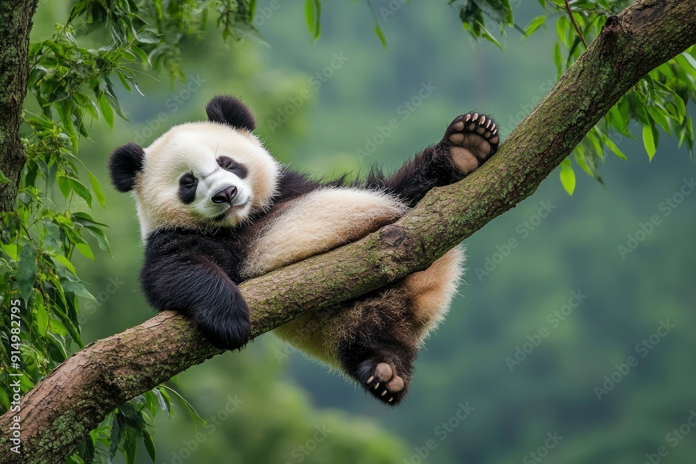 Fototapeta premium Lazy Panda Bear Sleeping on a Tree Branch, China Wildlife. Bifengxia nature reserve, Sichuan Province, ai