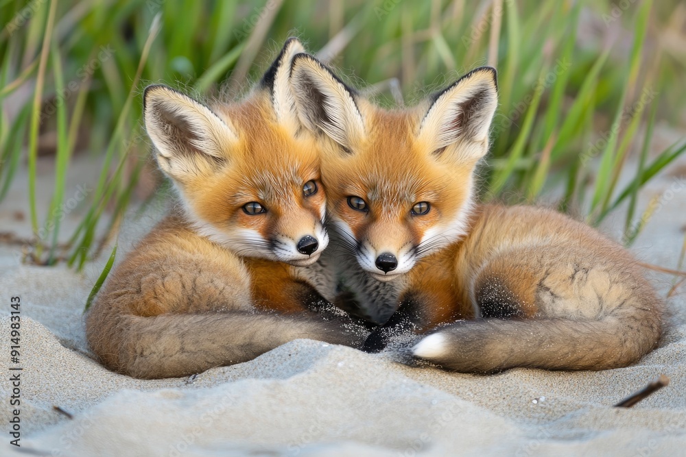 Obraz premium Wild baby red foxes cuddling at the beach, June 2020, Nova Scotia, Canada, ai