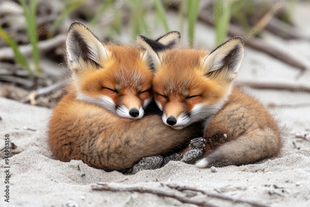 Wild baby red foxes cuddling at the beach, June 2020, Nova Scotia, Canada, ai Wild baby red foxes cuddling at the beach, June 2020, Nova Scotia, Canada, ai