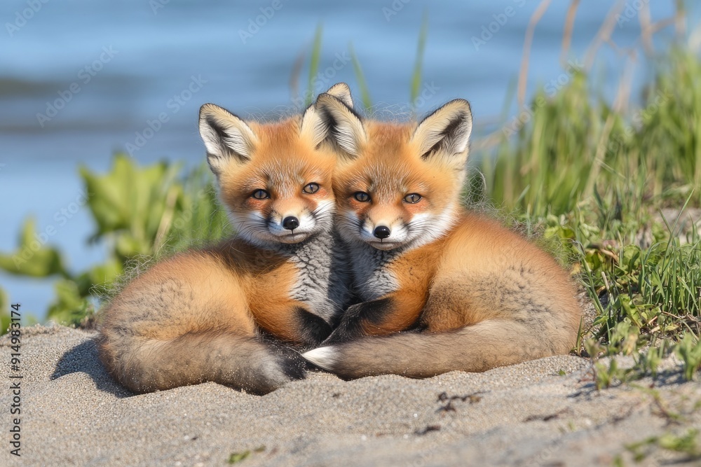 Wild baby red foxes cuddling at the beach, June 2020, Nova Scotia, Canada, ai Wild baby red foxes cuddling at the beach, June 2020, Nova Scotia, Canada, ai