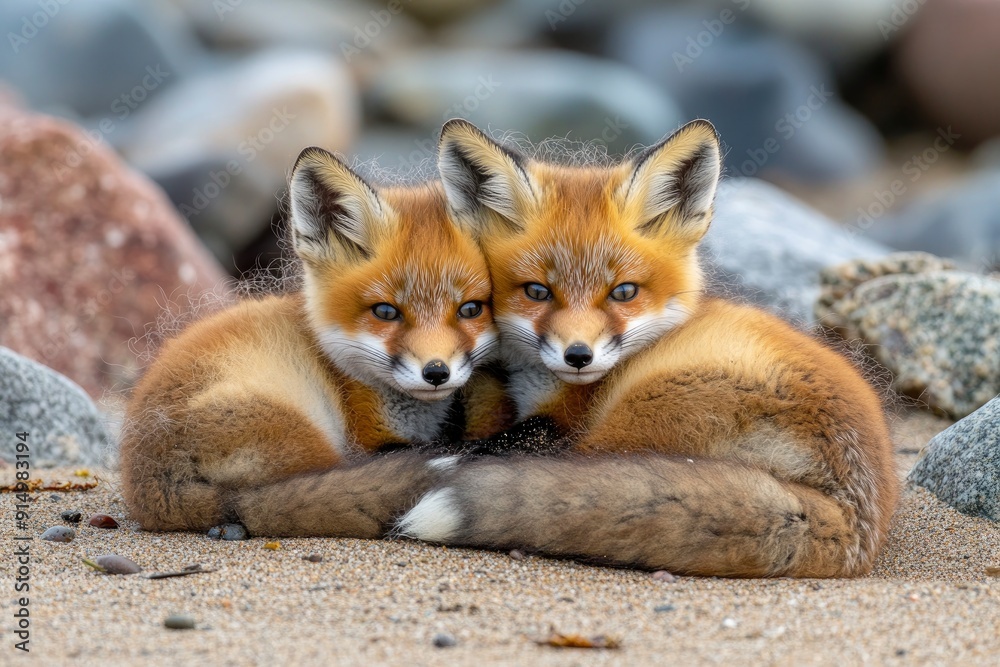 Wild baby red foxes cuddling at the beach, June 2020, Nova Scotia, Canada, ai Wild baby red foxes cuddling at the beach, June 2020, Nova Scotia, Canada, ai