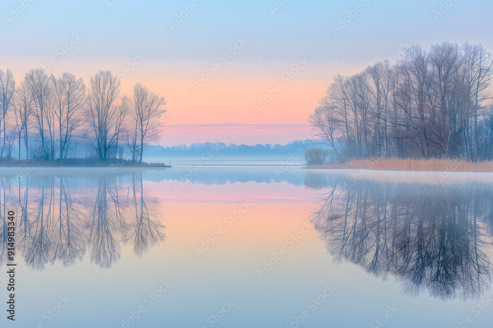 Peaceful Lakeside Dawn with Misty Reflection and Serene Atmosphere Peaceful Lakeside Dawn with Misty Reflection and Serene Atmosphere