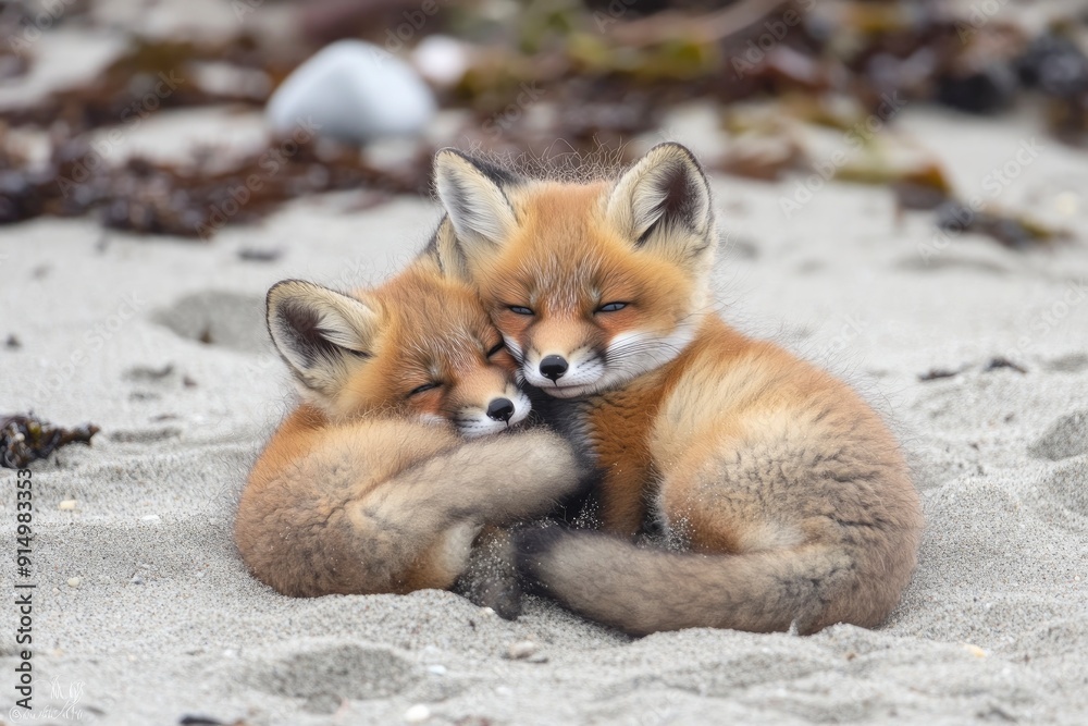 Wild baby red foxes cuddling at the beach, June 2020, Nova Scotia, Canada, ai Wild baby red foxes cuddling at the beach, June 2020, Nova Scotia, Canada, ai