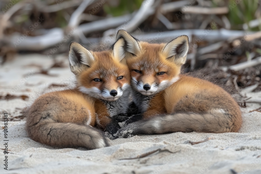 Wild baby red foxes cuddling at the beach, June 2020, Nova Scotia, Canada, ai Wild baby red foxes cuddling at the beach, June 2020, Nova Scotia, Canada, ai