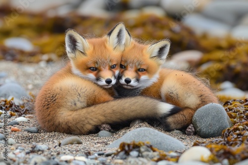 Wild baby red foxes cuddling at the beach, June 2020, Nova Scotia, Canada, ai